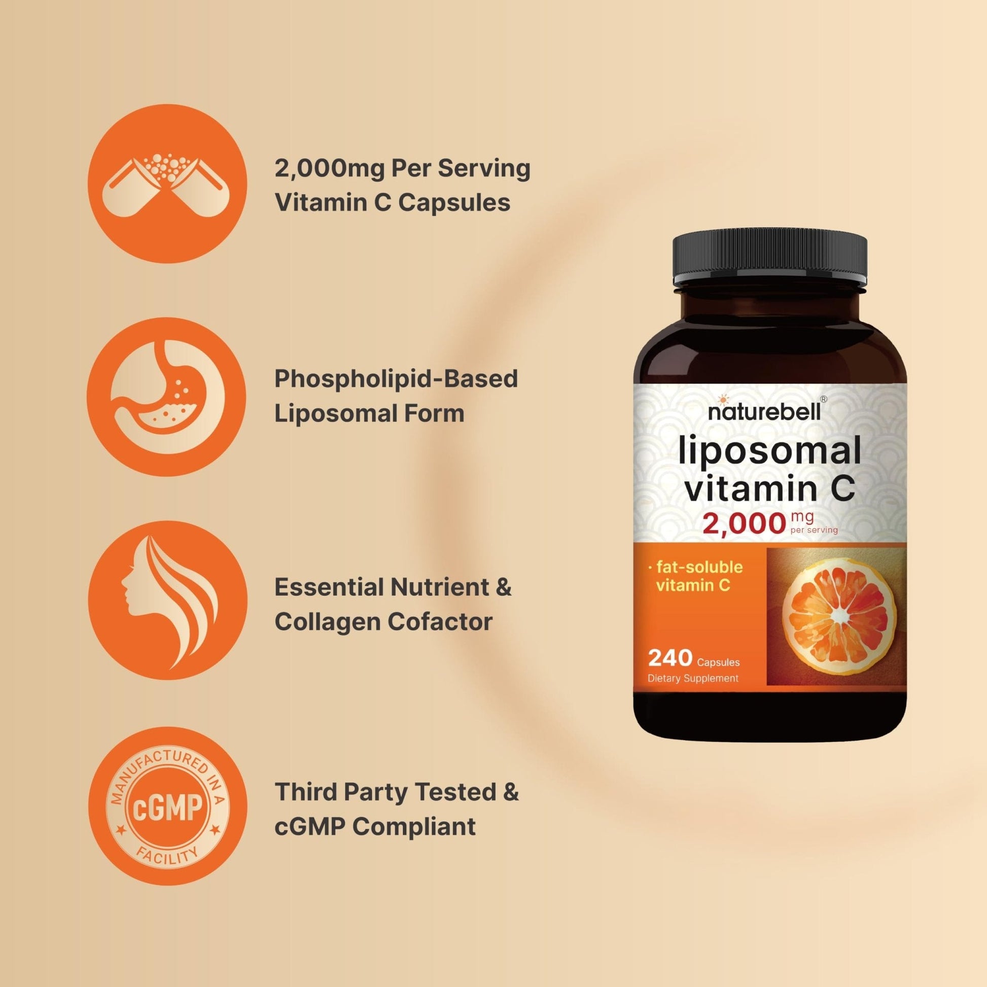 NatureBell Liposomal Vitamin C 2,000mg Per Serving, 240 Capsules | Fat-Soluble Vitamin C – Daily Vitamin Supplement for Men & Women – Non-GMO, Gluten Free - PrimeBioHealth - canada supplements