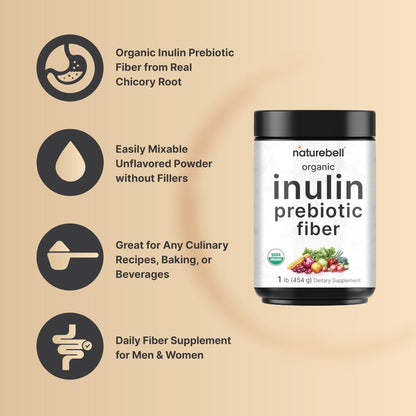 NatureBell Organic Inulin Prebiotic Fiber Powder, 1lb | Natural Chicory Root Source – Easily Mixes with Coffee or Smoothies – Fiber Supplement for Women & Men - PrimeBioHealth - canada supplements
