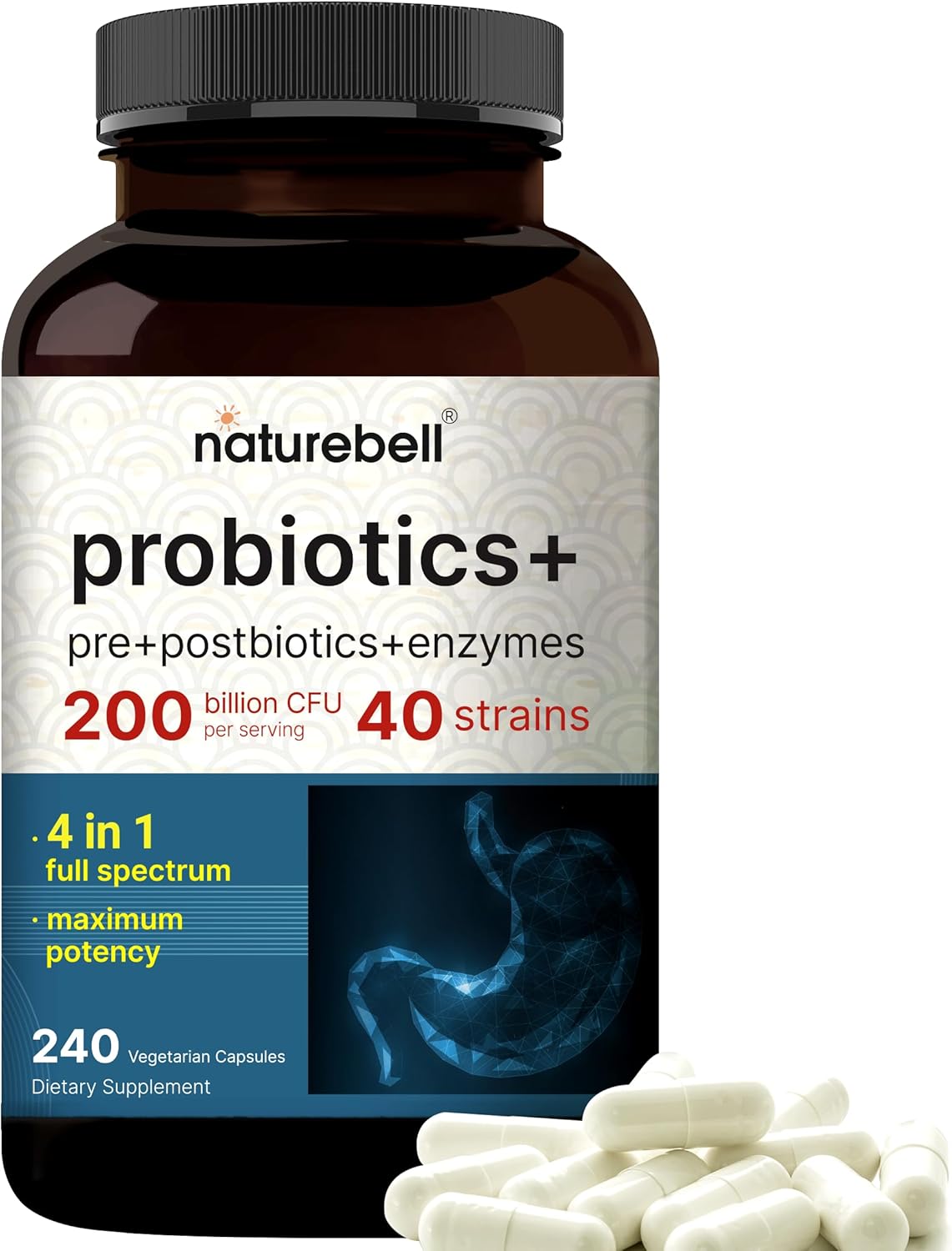 NatureBell Probiotic 200 Billion CFU – 40 Strains Per Serving | 240 Veggie Capsules with Prebiotics and Probiotics – Full Spectrum Complex with Enzymes – Daily Probiotics for Women & Men - PrimeBioHealth - canada supplements