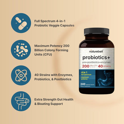 NatureBell Probiotic 200 Billion CFU – 40 Strains Per Serving | 240 Veggie Capsules with Prebiotics and Probiotics – Full Spectrum Complex with Enzymes – Daily Probiotics for Women & Men - PrimeBioHealth - canada supplements