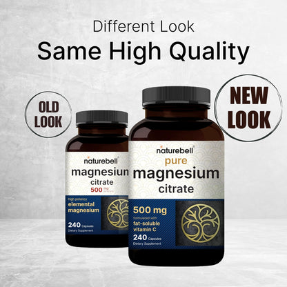 NatureBell Pure Magnesium Citrate 500mg per 3 Capsules Serving Size, 240 Capsules per Bottle | High-Purity Elemental Form | Non-GMO, Gluten-Free - PrimeBioHealth - canada supplements