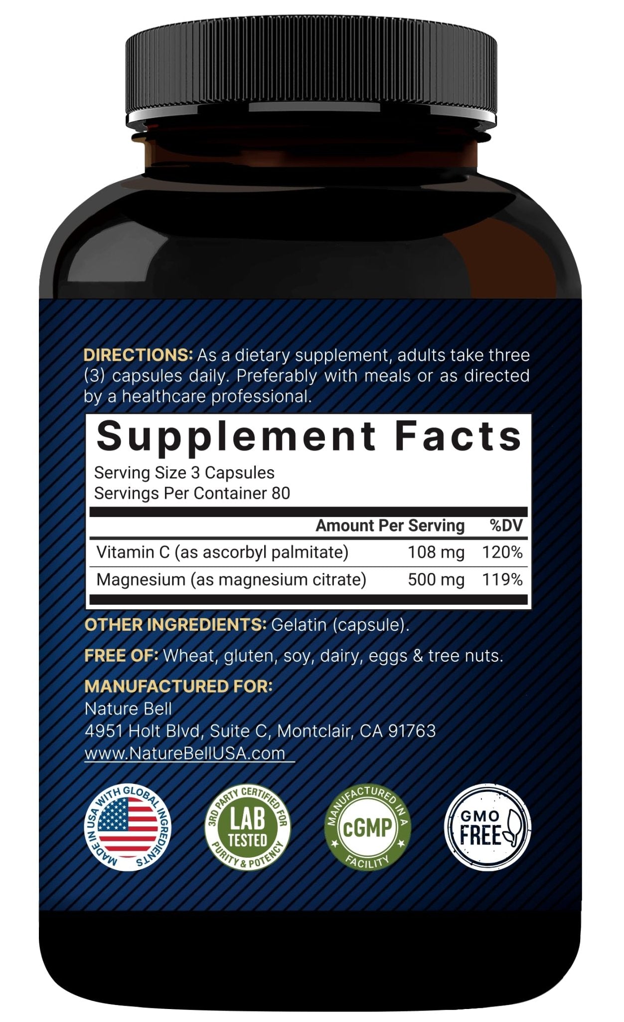 NatureBell Pure Magnesium Citrate 500mg per 3 Capsules Serving Size, 240 Capsules per Bottle | High-Purity Elemental Form | Non-GMO, Gluten-Free - PrimeBioHealth - canada supplements
