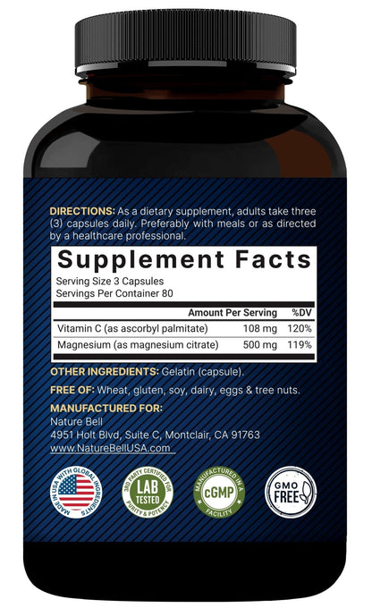 NatureBell Pure Magnesium Citrate 500mg per 3 Capsules Serving Size, 240 Capsules per Bottle | High-Purity Elemental Form | Non-GMO, Gluten-Free - PrimeBioHealth - canada supplements