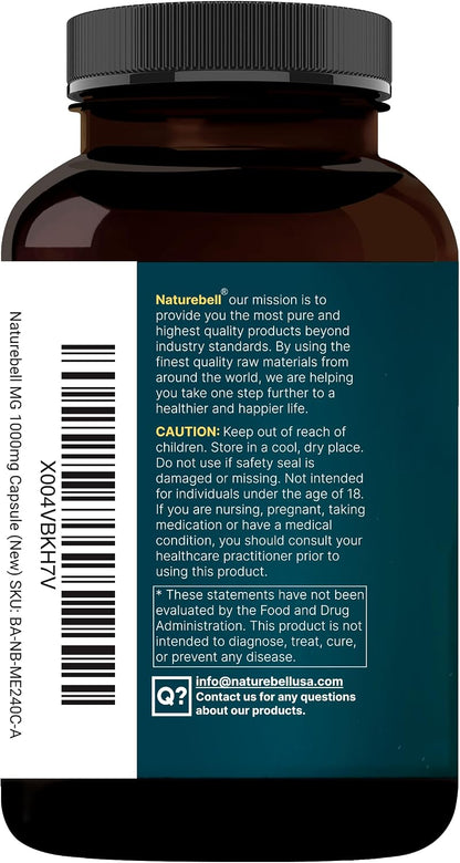 NatureBell Pure Magnesium Glycinate 1,000 mg, 240 Vegetarian Capsules | 1,000 mg Magnesium Glycinate Per Serving - Chelated Magnesium Form with Vitamin C – Non-GMO, Filler Free, cGMP Manufactured - PrimeBioHealth - canada supplements