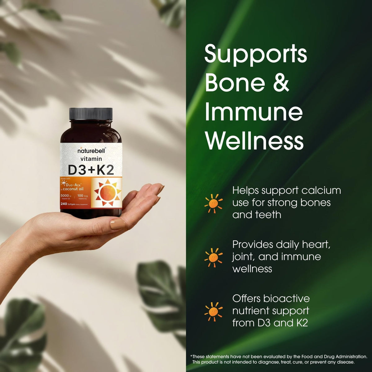 NatureBell Vitamin D3 K2-240 Softgels - 5,000 IU Vitamin D3 & 100mcg Vitamin K2 MK-7 - with Virgin Coconut Oil - Bone, Heart & Immune Health Support - PrimeBioHealth - canada supplements