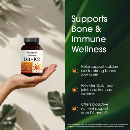 NatureBell Vitamin D3 K2-240 Softgels - 5,000 IU Vitamin D3 & 100mcg Vitamin K2 MK-7 - with Virgin Coconut Oil - Bone, Heart & Immune Health Support - PrimeBioHealth - canada supplements