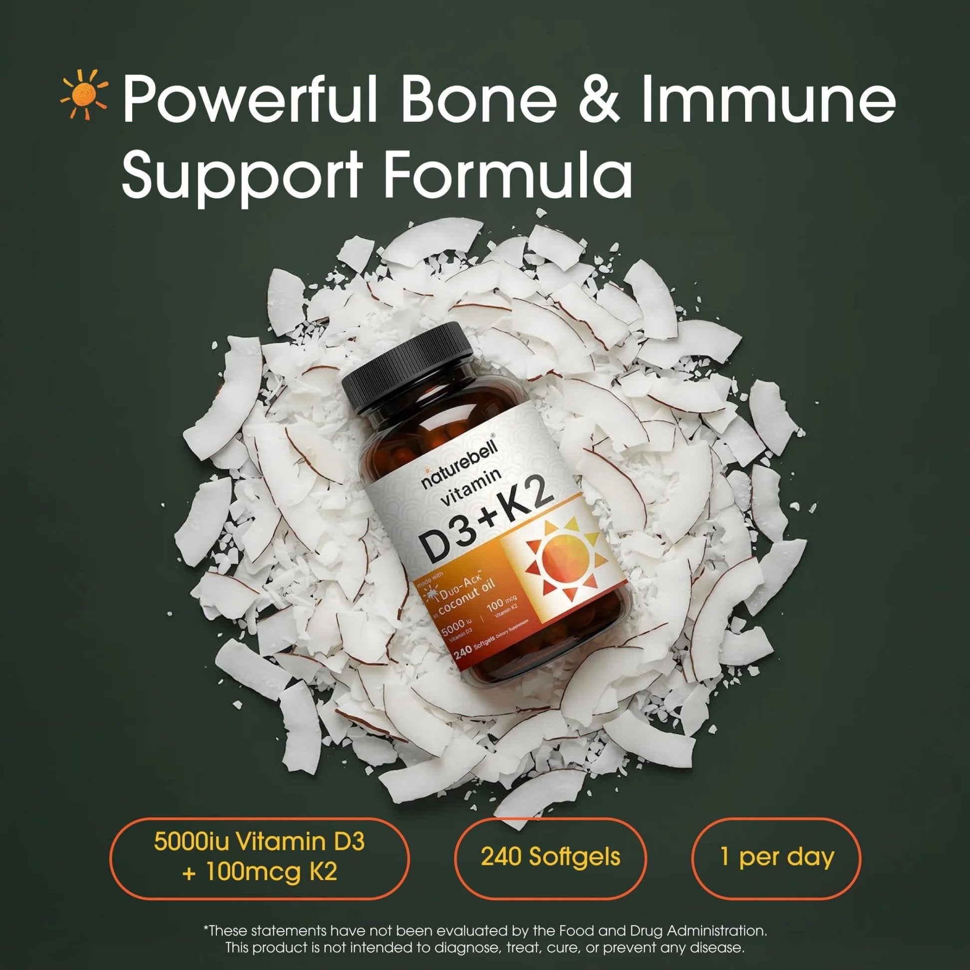 NatureBell Vitamin D3 K2-240 Softgels - 5,000 IU Vitamin D3 & 100mcg Vitamin K2 MK-7 - with Virgin Coconut Oil - Bone, Heart & Immune Health Support - PrimeBioHealth - canada supplements