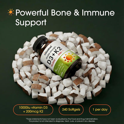 NatureBell Vitamin Double Strength D3 + K2-240 Softgels - 10,000 IU Vitamin D & 200mcg K2 - Bone Strength, Immune Function & Calcium Absorption Support* - Coconut Oil Infused - PrimeBioHealth - canada supplements