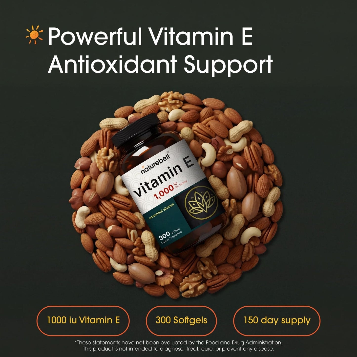 NatureBell Vitamin E 1,000 IU Per Serving - 300 Softgels - Antioxidant Supplement for Skin, Heart & Brain Health Support - PrimeBioHealth - canada supplements