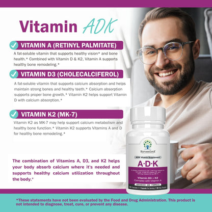 NatureGenX ADK Vitamin Supplement – Vitamins A, D3 & K2 MK-7 for Bone Health & Calcium Absorption – Gluten-Free, Non-GMO, Soy-Free - PrimeBioHealth - canada supplements
