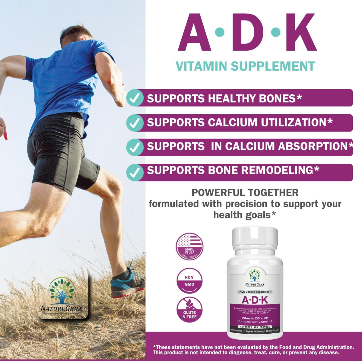 NatureGenX ADK Vitamin Supplement – Vitamins A, D3 & K2 MK-7 for Bone Health & Calcium Absorption – Gluten-Free, Non-GMO, Soy-Free - PrimeBioHealth - canada supplements