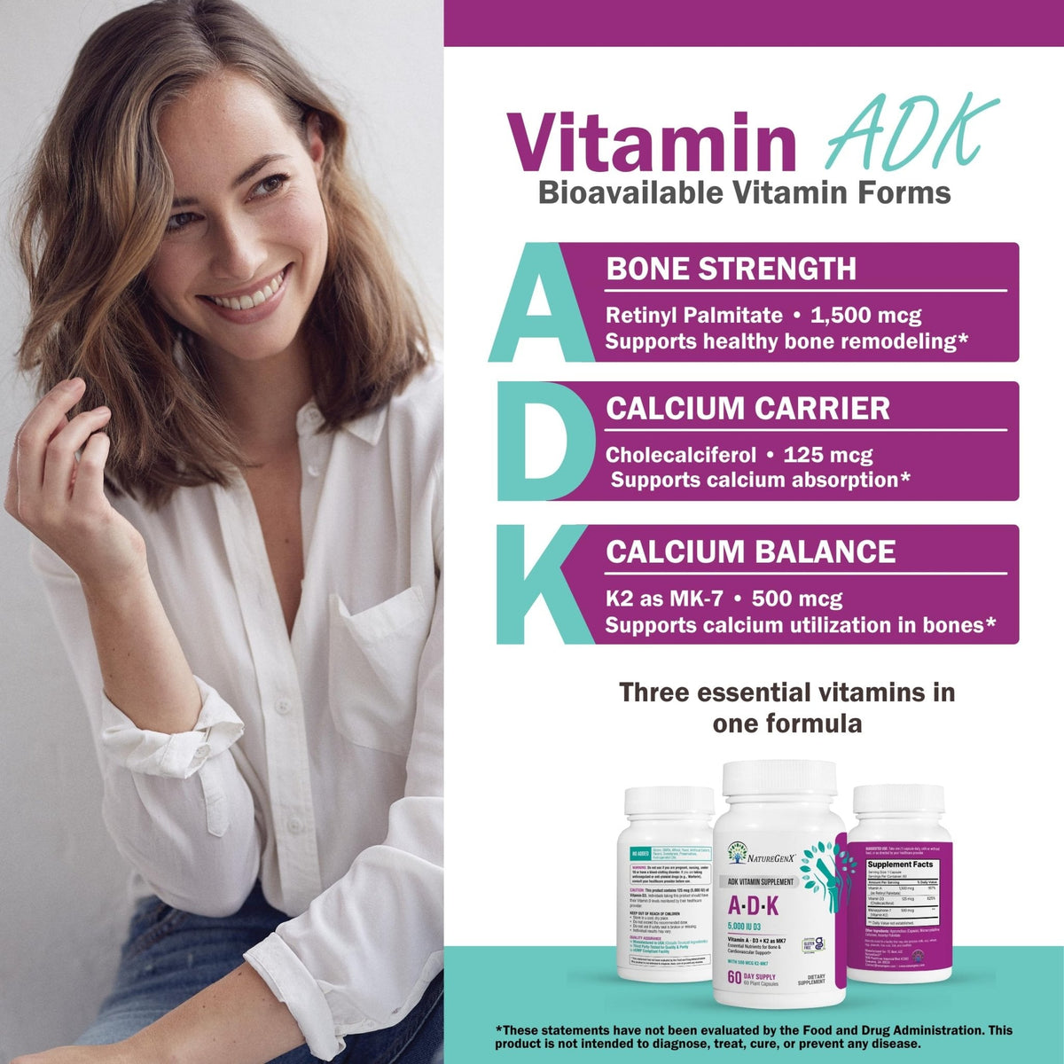 NatureGenX ADK Vitamin Supplement – Vitamins A, D3 & K2 MK-7 for Bone Health & Calcium Absorption – Gluten-Free, Non-GMO, Soy-Free - PrimeBioHealth - canada supplements