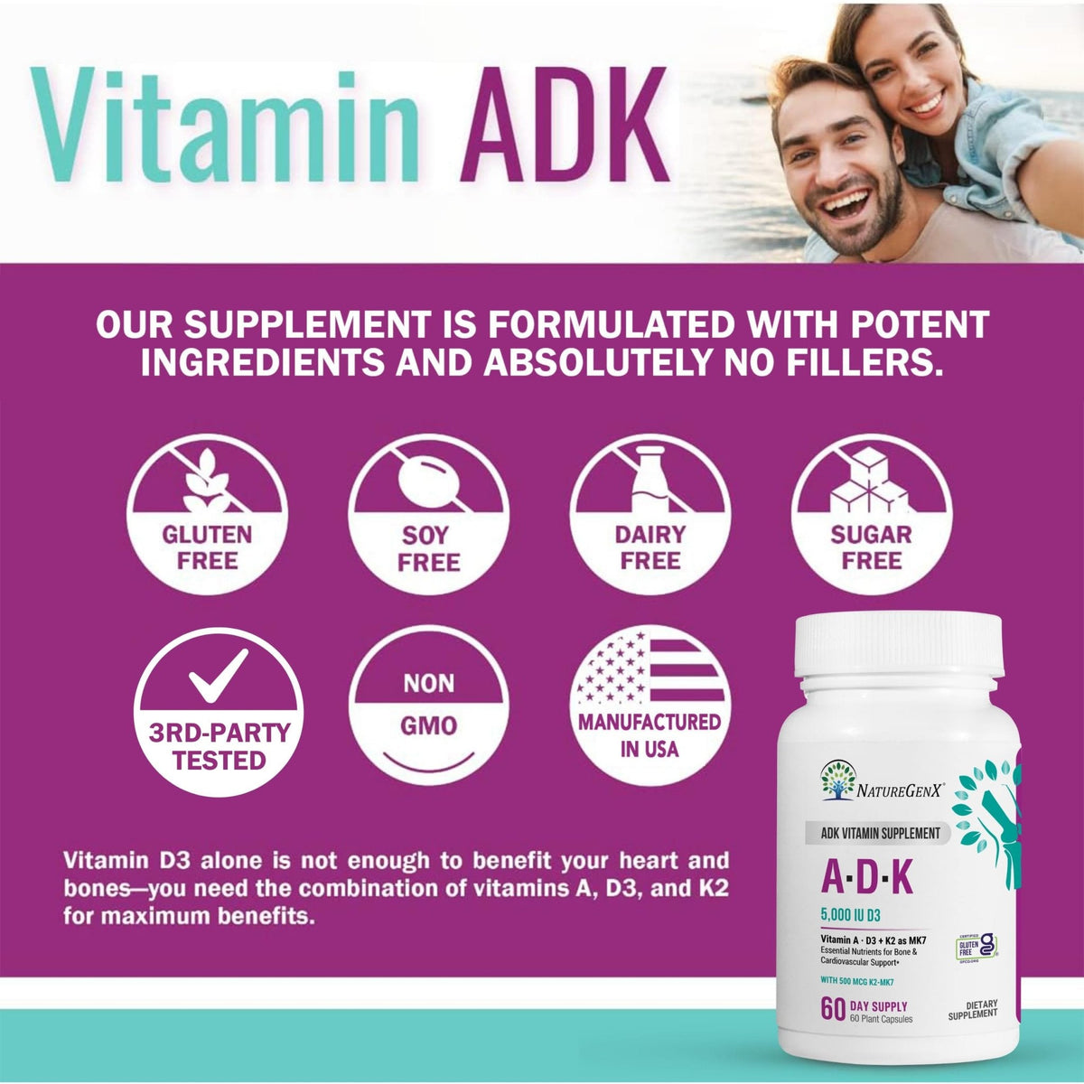 NatureGenX ADK Vitamin Supplement – Vitamins A, D3 & K2 MK-7 for Bone Health & Calcium Absorption – Gluten-Free, Non-GMO, Soy-Free - PrimeBioHealth - canada supplements