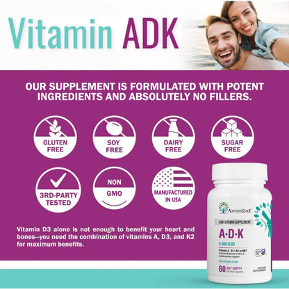 NatureGenX ADK Vitamin Supplement – Vitamins A, D3 & K2 MK-7 for Bone Health & Calcium Absorption – Gluten-Free, Non-GMO, Soy-Free - PrimeBioHealth - canada supplements