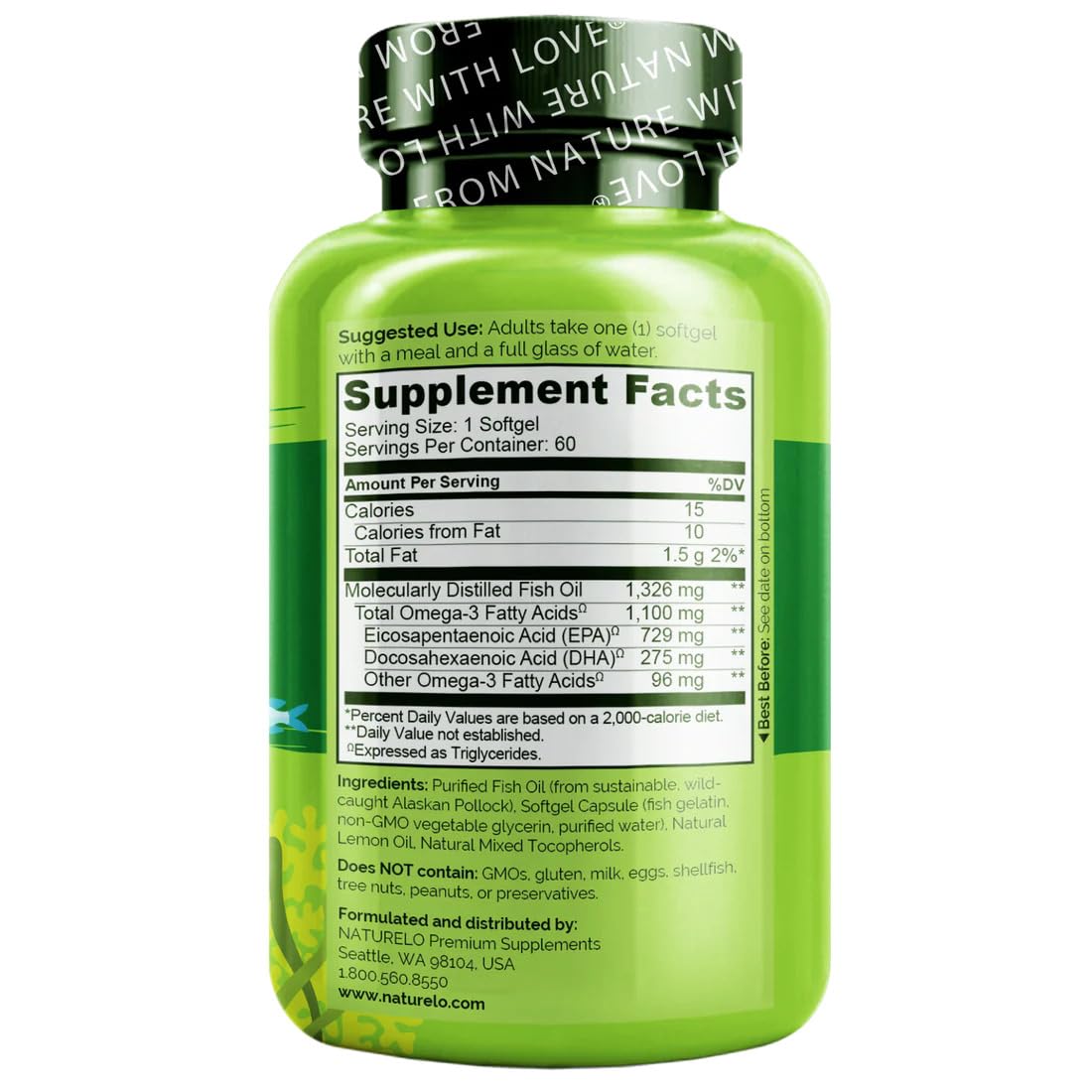 NATURELO Burpless Omega 3 Fish Oil Supplement - 1100mg Triglyceride Omega-3, EPA + DHA, Liquid Fish Oil for Heart, Eye, Brain, Joint Health - PrimeBioHealth - canada supplements