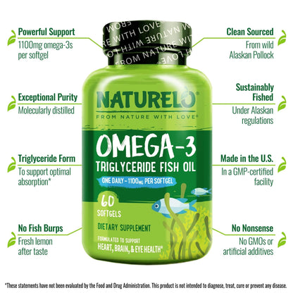 NATURELO Burpless Omega 3 Fish Oil Supplement - 1100mg Triglyceride Omega-3, EPA + DHA, Liquid Fish Oil for Heart, Eye, Brain, Joint Health - PrimeBioHealth - canada supplements