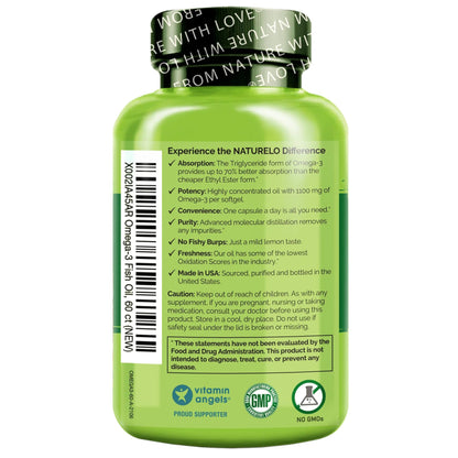NATURELO Burpless Omega 3 Fish Oil Supplement - 1100mg Triglyceride Omega-3, EPA + DHA, Liquid Fish Oil for Heart, Eye, Brain, Joint Health - PrimeBioHealth - canada supplements