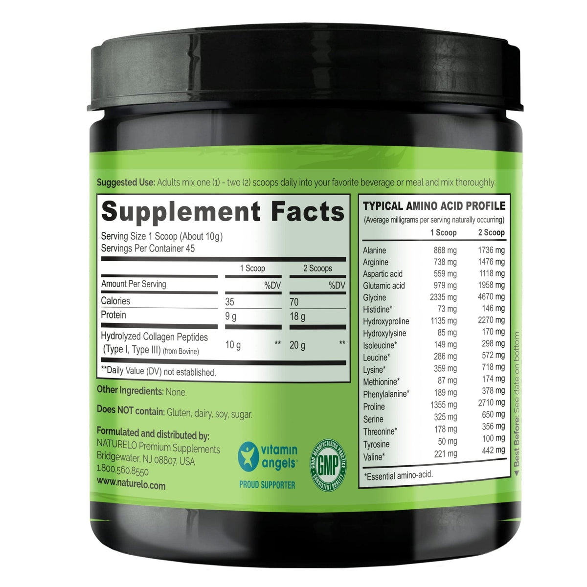 NATURELO Collagen Peptide Powder, Hydrolyzed Collagen Type I & III, Skin Hair & Joint Health - Unflavored, 16 Ounces | 45 Servings - PrimeBioHealth - canada supplements