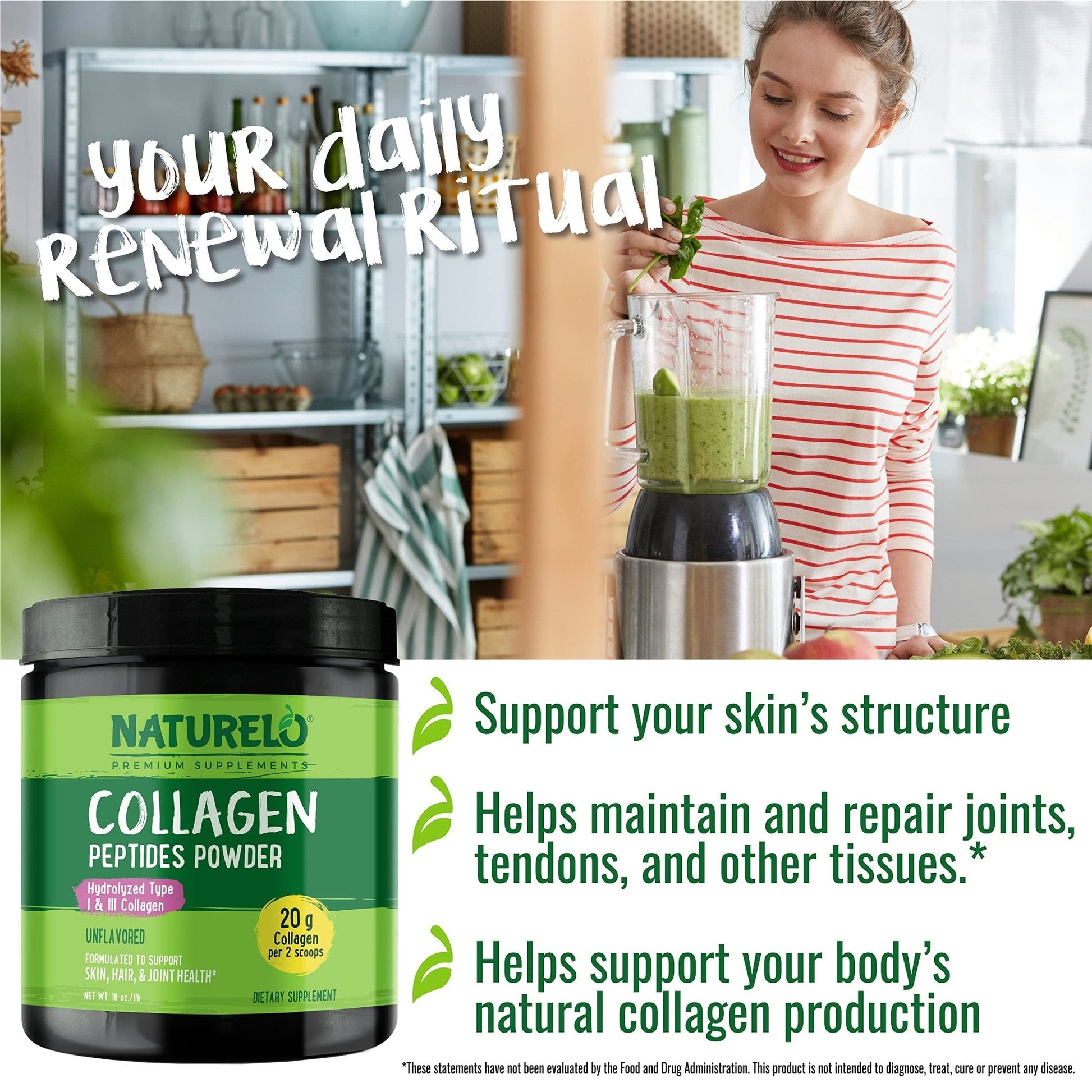 NATURELO Collagen Peptide Powder, Hydrolyzed Collagen Type I & III, Skin Hair & Joint Health - Unflavored, 16 Ounces | 45 Servings - PrimeBioHealth - canada supplements