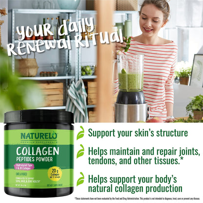 NATURELO Collagen Peptide Powder, Hydrolyzed Collagen Type I & III, Skin Hair & Joint Health - Unflavored, 16 Ounces | 45 Servings - PrimeBioHealth - canada supplements