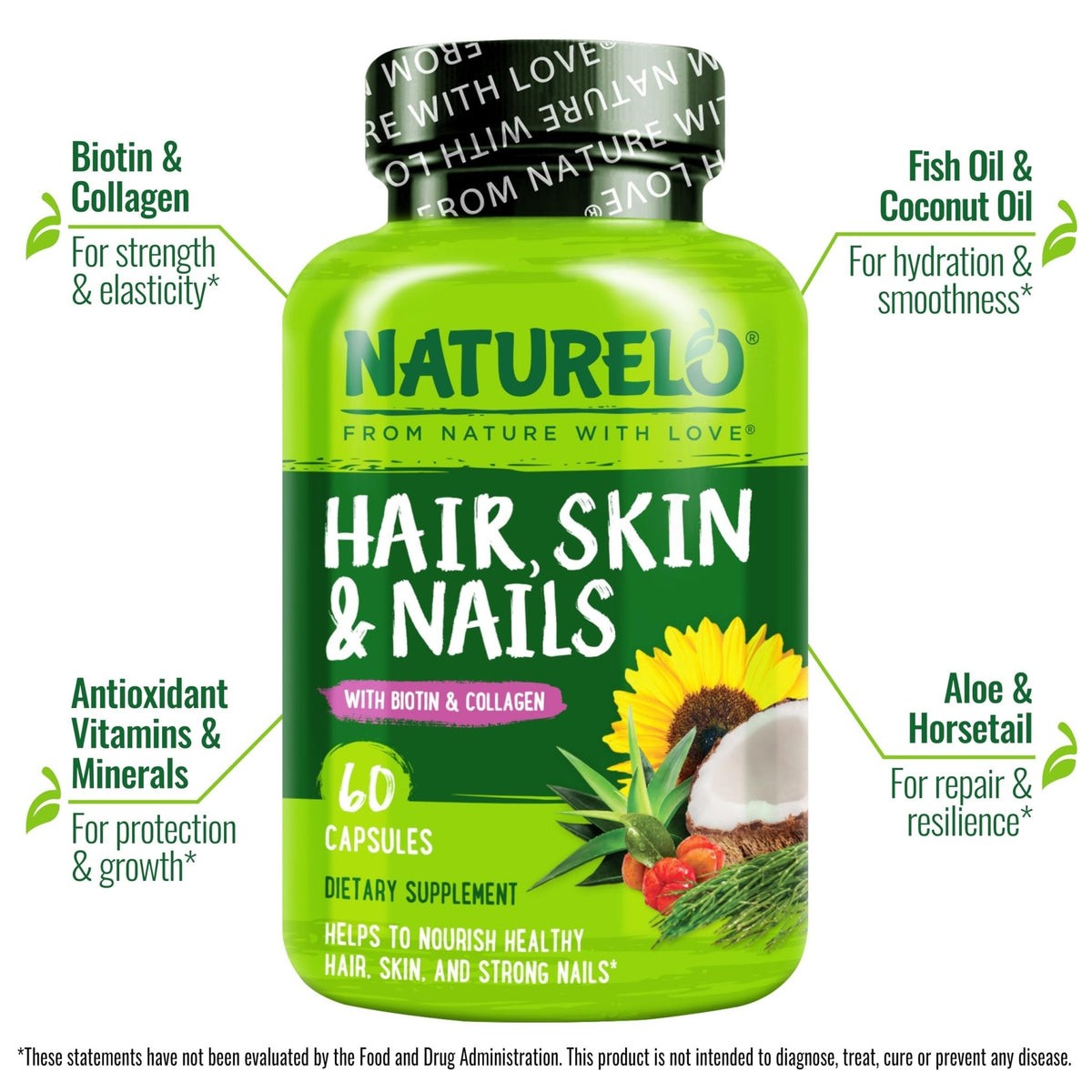 NATURELO Hair, Skin and Nails Vitamins - 5000 mcg Biotin, Collagen, Natural Vitamin E - Supplement for Healthy Skin - PrimeBioHealth - canada supplements