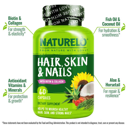 NATURELO Hair, Skin and Nails Vitamins - 5000 mcg Biotin, Collagen, Natural Vitamin E - Supplement for Healthy Skin - PrimeBioHealth - canada supplements