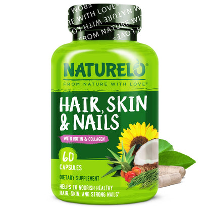 NATURELO Hair, Skin and Nails Vitamins - 5000 mcg Biotin, Collagen, Natural Vitamin E - Supplement for Healthy Skin - PrimeBioHealth - canada supplements