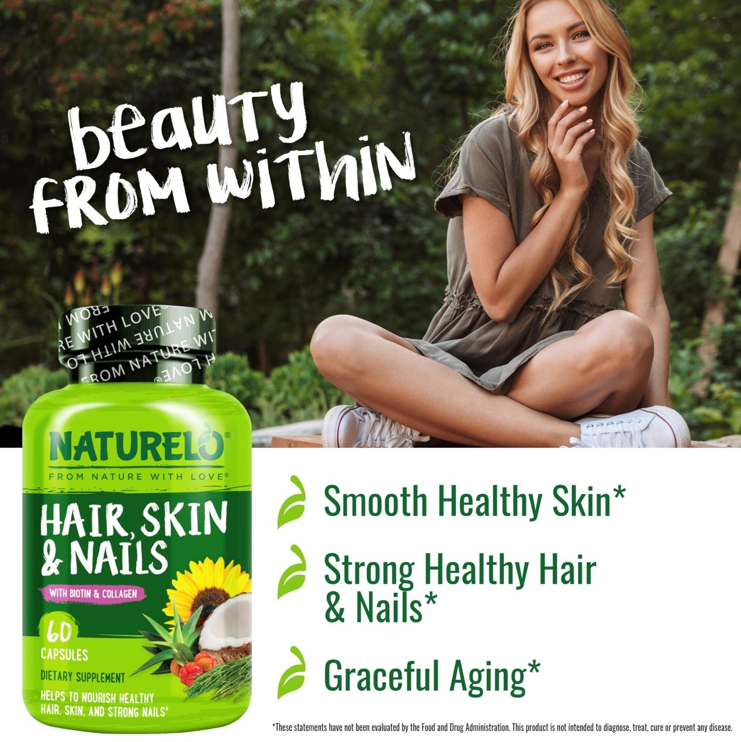 NATURELO Hair, Skin and Nails Vitamins - 5000 mcg Biotin, Collagen, Natural Vitamin E - Supplement for Healthy Skin - PrimeBioHealth - canada supplements