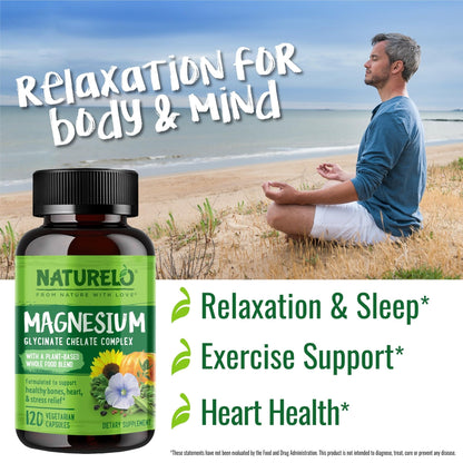 NATURELO Magnesium Glycinate Chelate Complex - 200 mg Magnesium with Organic Vegetables to Support Sleep, Calm, Muscle Cramp & Stress Relief - PrimeBioHealth - canada supplements