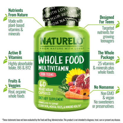 NATURELO Multivitamins for Teenage Girls/Boys, 60 Capsules, Whole Food Multivitamin with Minerals, Non-GMO, Vegetarian - PrimeBioHealth - canada supplements