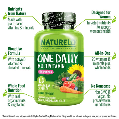 NATURELO One Daily Multivitamin for Women w/Vitamin B12, 60 Ct, Energy Support, Whole Food Daily Women Multivitamin Supplement, Nourish Hair/Skin/Nail, Non-GMO - PrimeBioHealth - canada supplements