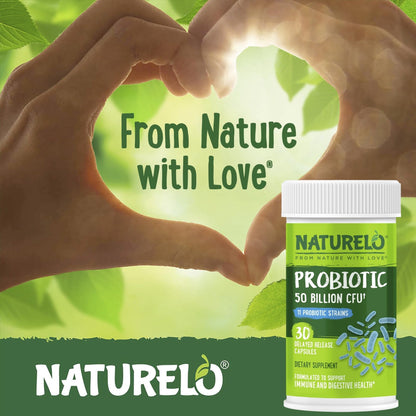 NATURELO Probiotics for Digestive Health, 50 Billion CFU, 30 Vegetarian Capsules, 11 Strains, Daily Use Supplement, Delayed Release, No-Fridge, Helps Boost Immune System, - PrimeBioHealth - canada supplements