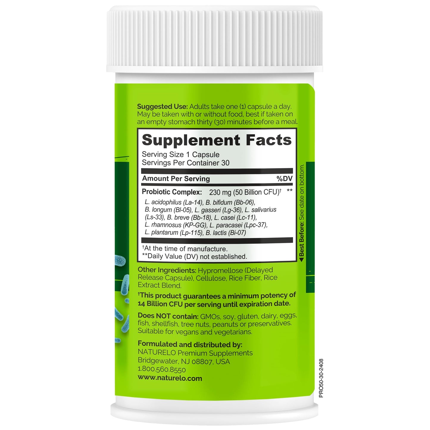 NATURELO Probiotics for Digestive Health, 50 Billion CFU, 30 Vegetarian Capsules, 11 Strains, Daily Use Supplement, Delayed Release, No-Fridge, Helps Boost Immune System, - PrimeBioHealth - canada supplements
