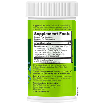 NATURELO Probiotics for Digestive Health, 50 Billion CFU, 30 Vegetarian Capsules, 11 Strains, Daily Use Supplement, Delayed Release, No-Fridge, Helps Boost Immune System, - PrimeBioHealth - canada supplements