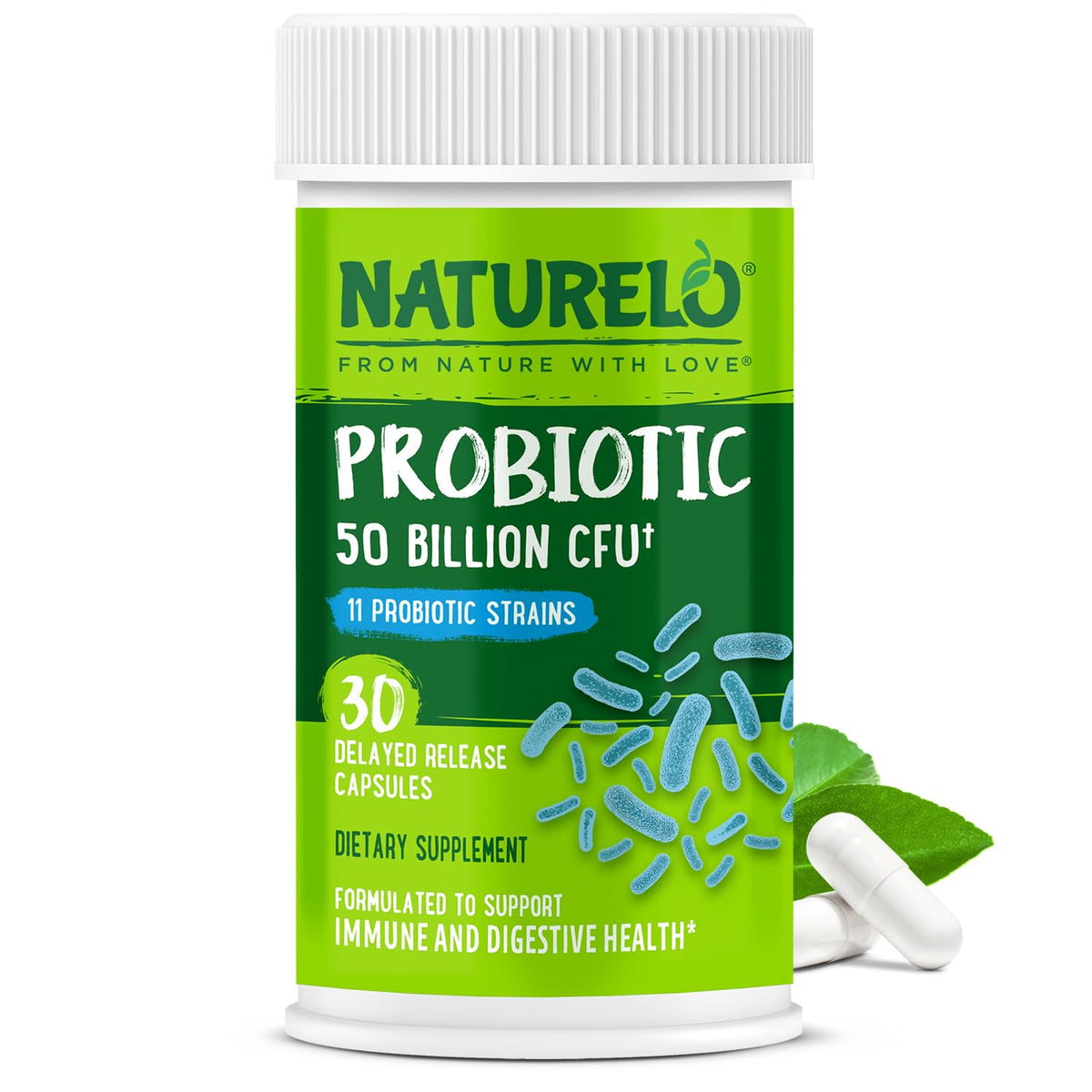 NATURELO Probiotics for Digestive Health, 50 Billion CFU, 30 Vegetarian Capsules, 11 Strains, Daily Use Supplement, Delayed Release, No-Fridge, Helps Boost Immune System, - PrimeBioHealth - canada supplements