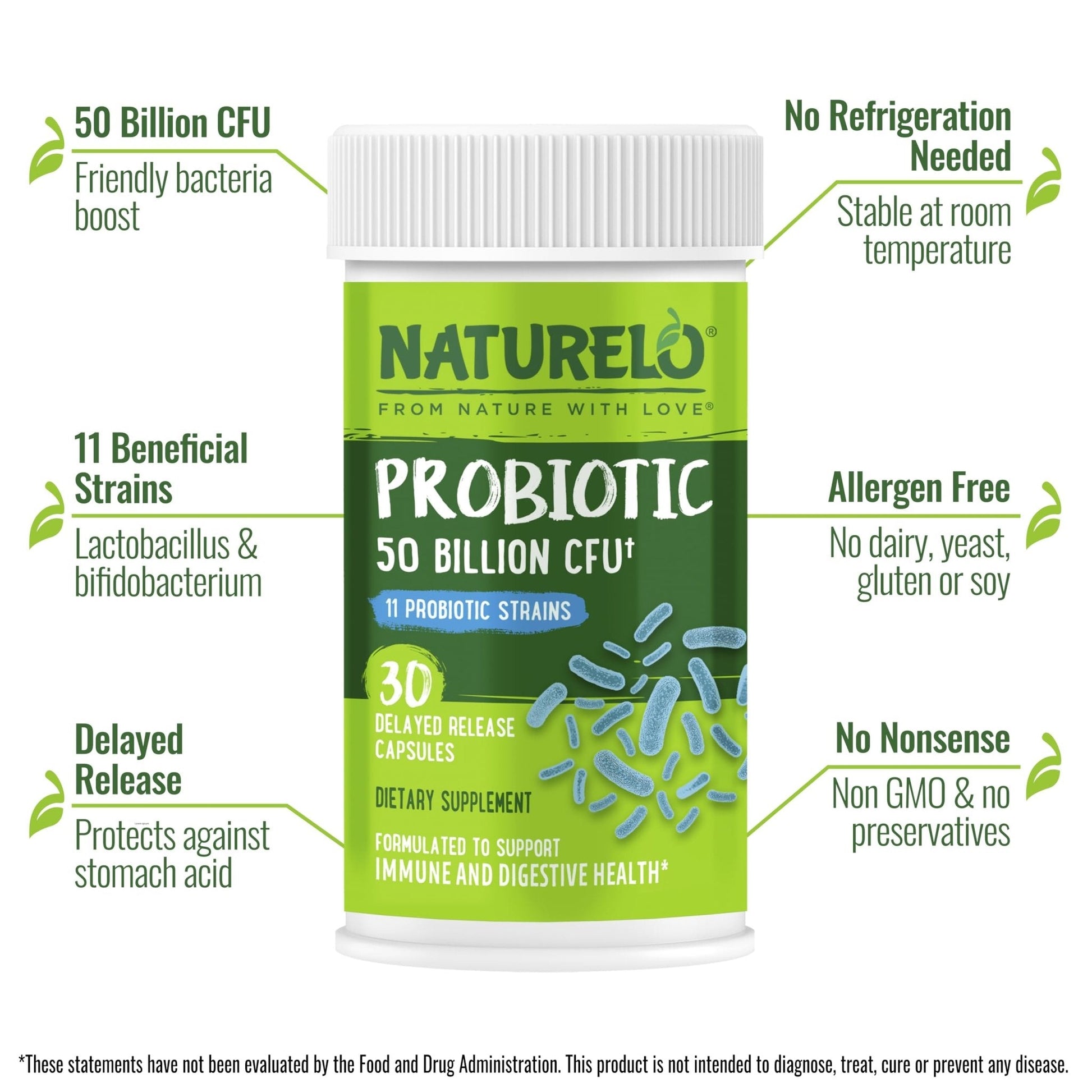 NATURELO Probiotics for Digestive Health, 50 Billion CFU, 30 Vegetarian Capsules, 11 Strains, Daily Use Supplement, Delayed Release, No-Fridge, Helps Boost Immune System, - PrimeBioHealth - canada supplements