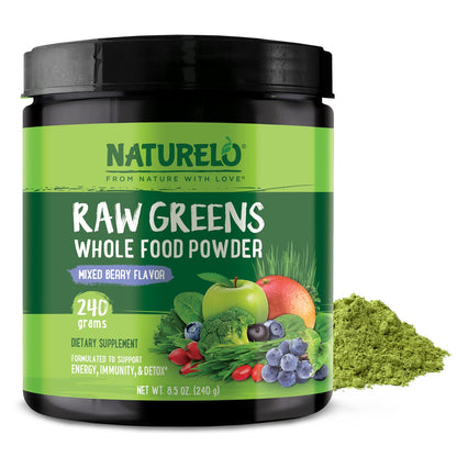NATURELO Raw Greens Superfood Powder 240 Grams, Mixed Berry - Supports Energy, Immunity and Detox - Includes Spirulina, Wheat Grass and Organic Greens for Whole Food Nutrition - PrimeBioHealth - canada supplements