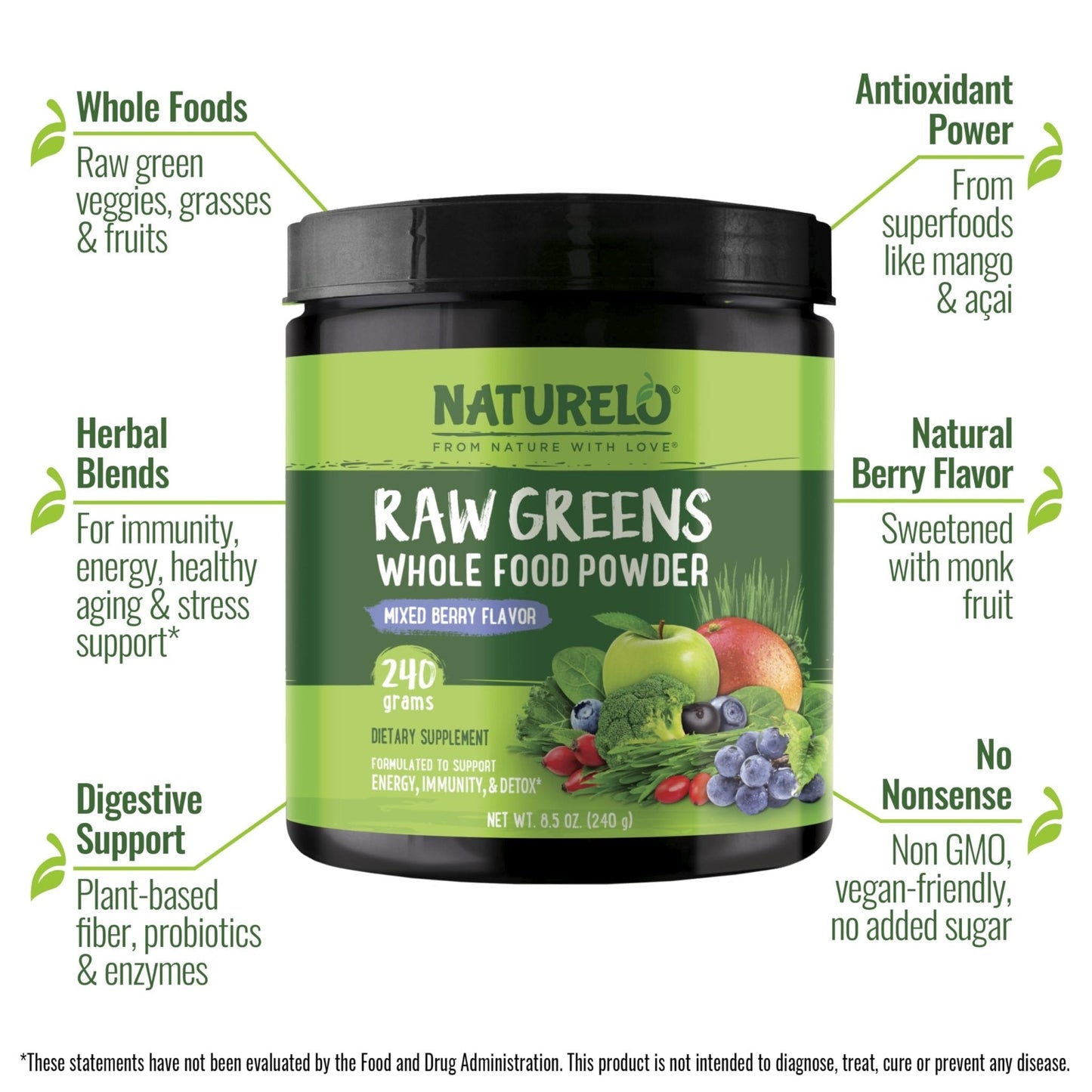 NATURELO Raw Greens Superfood Powder 240 Grams, Mixed Berry - Supports Energy, Immunity and Detox - Includes Spirulina, Wheat Grass and Organic Greens for Whole Food Nutrition - PrimeBioHealth - canada supplements