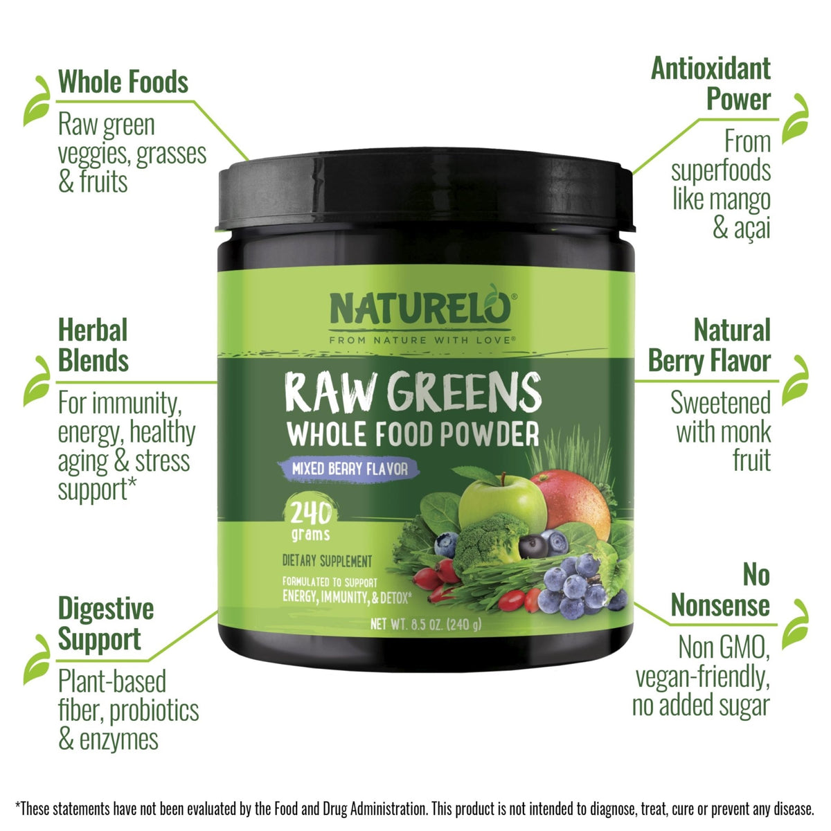 NATURELO Raw Greens Superfood Powder 240 Grams, Mixed Berry - Supports Energy, Immunity and Detox - Includes Spirulina, Wheat Grass and Organic Greens for Whole Food Nutrition - PrimeBioHealth - canada supplements