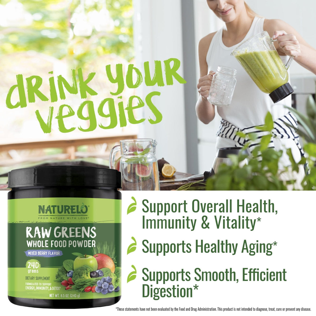 NATURELO Raw Greens Superfood Powder 240 Grams, Mixed Berry - Supports Energy, Immunity and Detox - Includes Spirulina, Wheat Grass and Organic Greens for Whole Food Nutrition - PrimeBioHealth - canada supplements