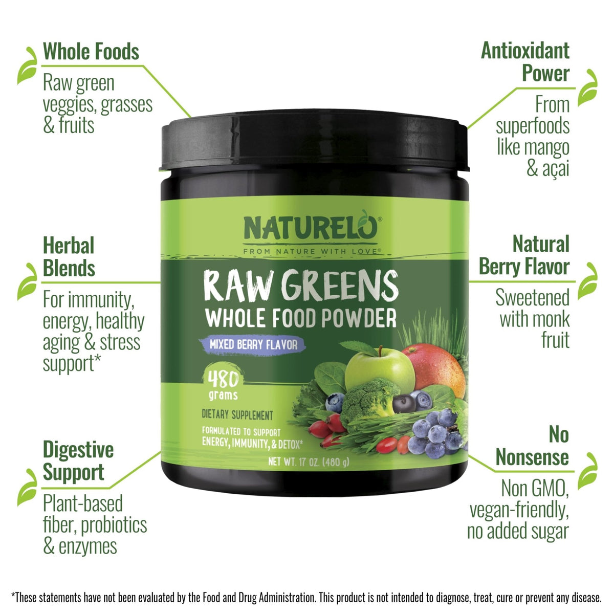 NATURELO Raw Greens Superfood Powder 480 Grams, Mixed Berry - Supports Energy, Immunity and Detox - Includes Spirulina, Wheat Grass and Organic - PrimeBioHealth - canada supplements