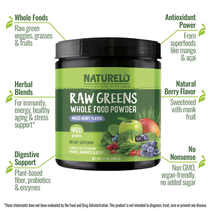 NATURELO Raw Greens Superfood Powder 480 Grams, Mixed Berry - Supports Energy, Immunity and Detox - Includes Spirulina, Wheat Grass and Organic - PrimeBioHealth - canada supplements