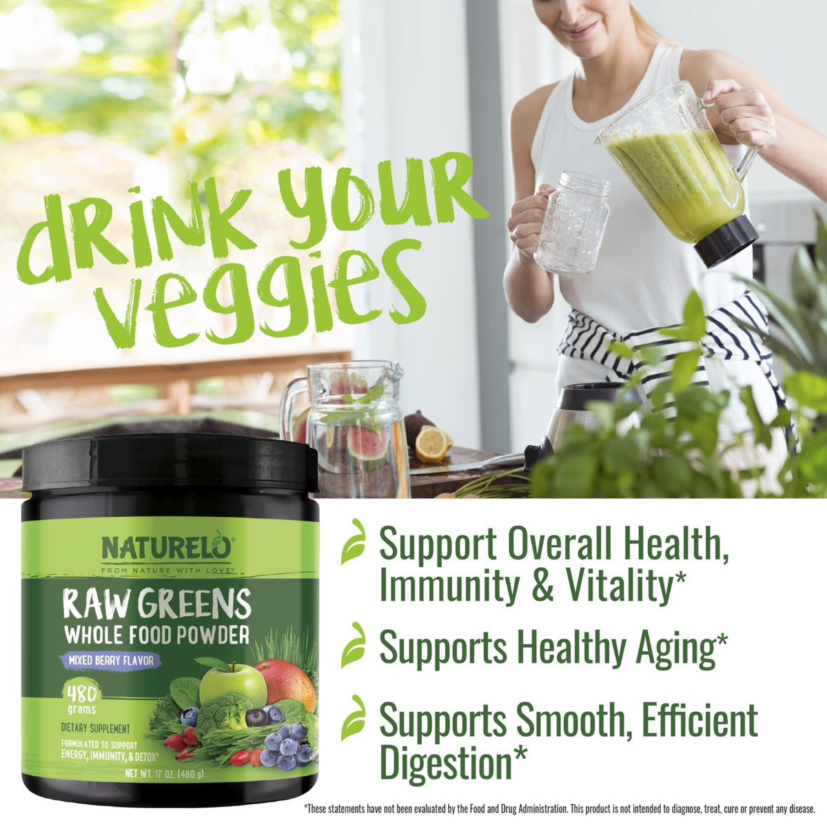 NATURELO Raw Greens Superfood Powder 480 Grams, Mixed Berry - Supports Energy, Immunity and Detox - Includes Spirulina, Wheat Grass and Organic - PrimeBioHealth - canada supplements