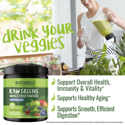 NATURELO Raw Greens Superfood Powder 480 Grams, Mixed Berry - Supports Energy, Immunity and Detox - Includes Spirulina, Wheat Grass and Organic - PrimeBioHealth - canada supplements