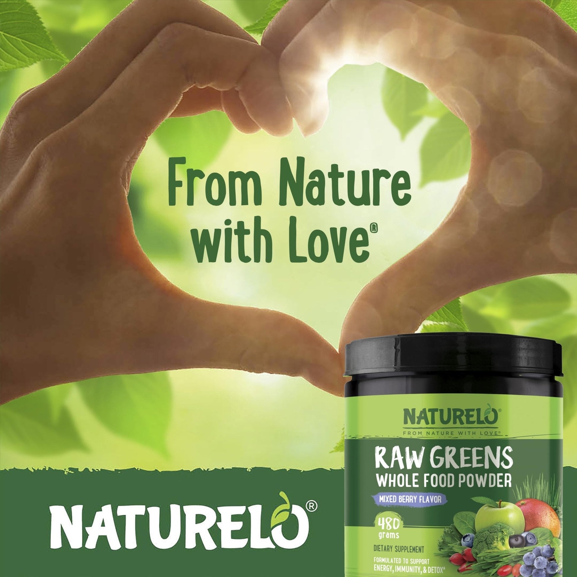 NATURELO Raw Greens Superfood Powder 480 Grams, Mixed Berry - Supports Energy, Immunity and Detox - Includes Spirulina, Wheat Grass and Organic - PrimeBioHealth - canada supplements