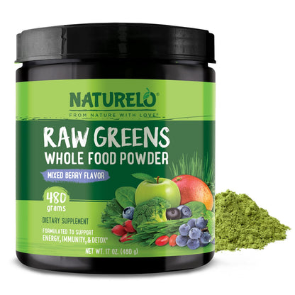 NATURELO Raw Greens Superfood Powder 480 Grams, Mixed Berry - Supports Energy, Immunity and Detox - Includes Spirulina, Wheat Grass and Organic - PrimeBioHealth - canada supplements