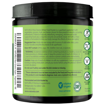 NATURELO Raw Greens Superfood Powder - Unsweetened - Boost Energy, Detox, Enhance Health - Organic Spirulina - Wheat Grass - Whole Food Nutrition from Fruits - PrimeBioHealth - canada supplements