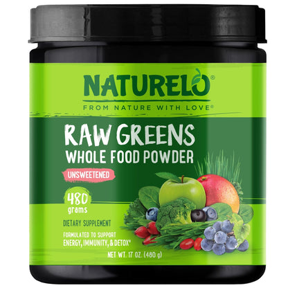 NATURELO Raw Greens Superfood Powder - Unsweetened - Boost Energy, Detox, Enhance Health - Organic Spirulina - Wheat Grass - Whole Food Nutrition from Fruits - PrimeBioHealth - canada supplements