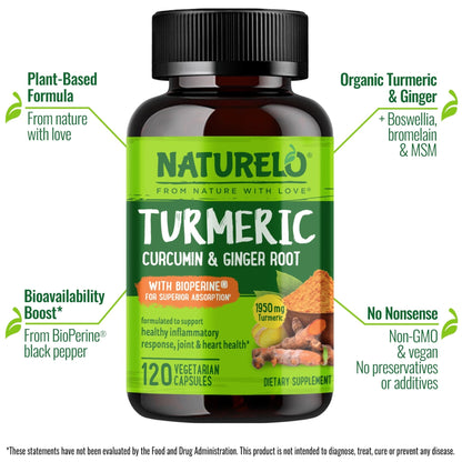 NATURELO Turmeric Curcumin - BioPerine for Better Absorption - Black Pepper, Ginger Root, Curcuminoids - Plant-Based Joint Discomfort Support - PrimeBioHealth - canada supplements
