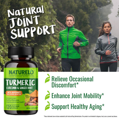 NATURELO Turmeric Curcumin - BioPerine for Better Absorption - Black Pepper, Ginger Root, Curcuminoids - Plant-Based Joint Discomfort Support - PrimeBioHealth - canada supplements